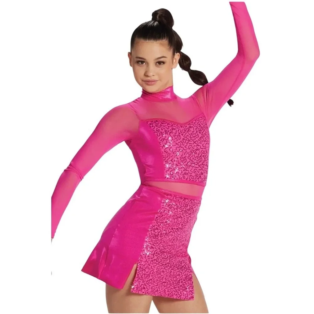 Balera Kids Pink Sequin Long Sleeve Dance Costume Leotard Dress Size‎ L RN64830